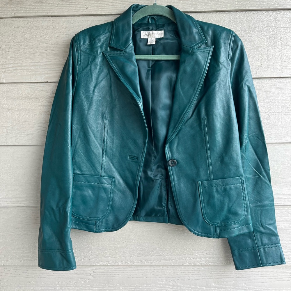 NWOT Casual Corner Leather Jacket Blazer Women's Size S Teal Blue Emerald Green